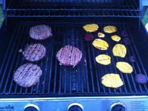 Bison burgers and golden & red beets on the grill