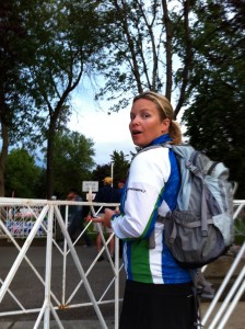 Coach Jess at the swim exit early, ready for the day to start