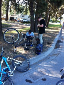 Mobile mechanics from Terra Sports fixing the flat on my rental bike. They saved my day.